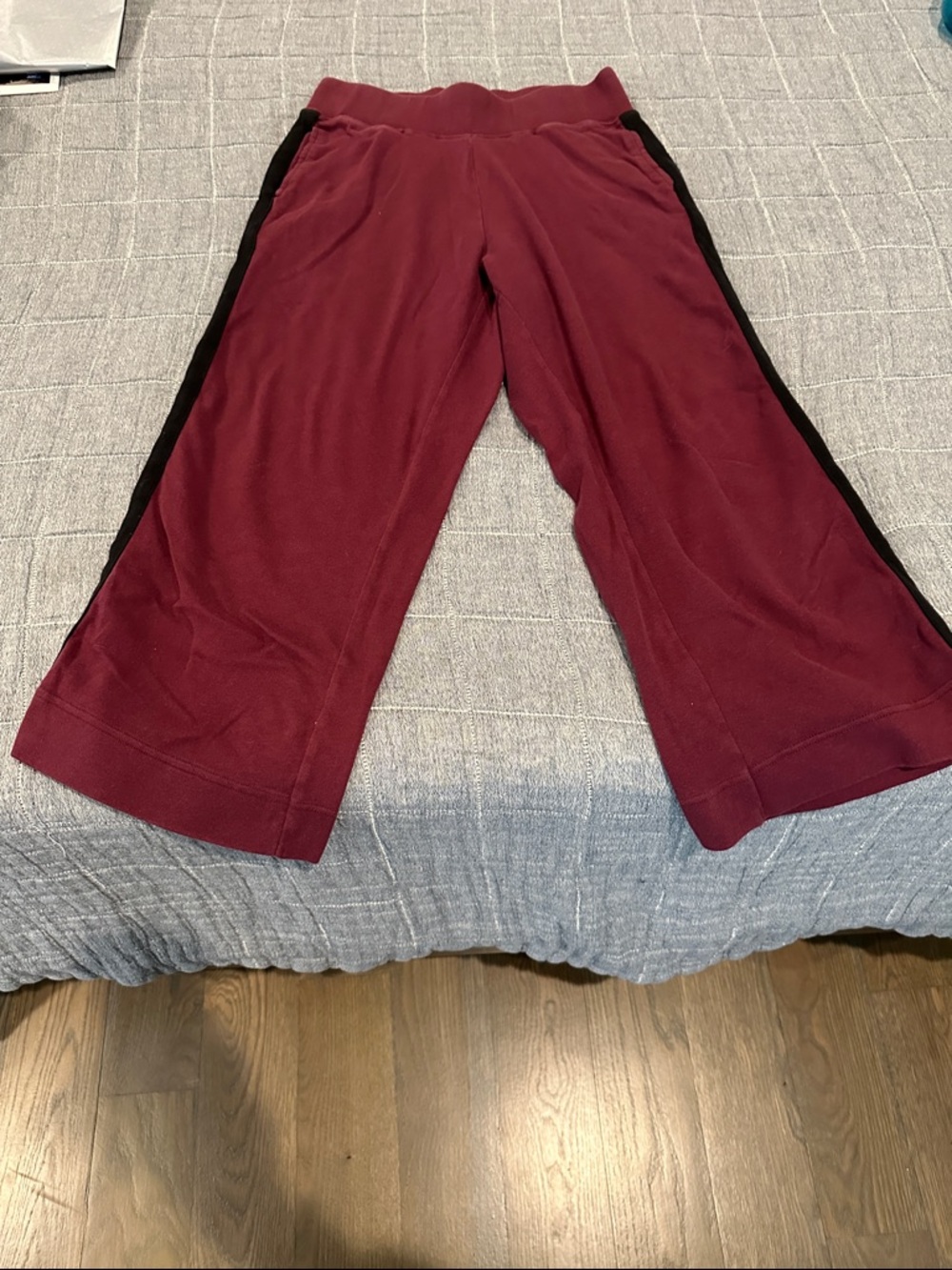 Women’s Cropped Wide Leg Burgundy Track Pants with Black Side Stripe by Pact